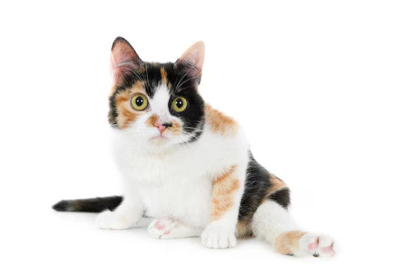 A calico cat sitting on a white background