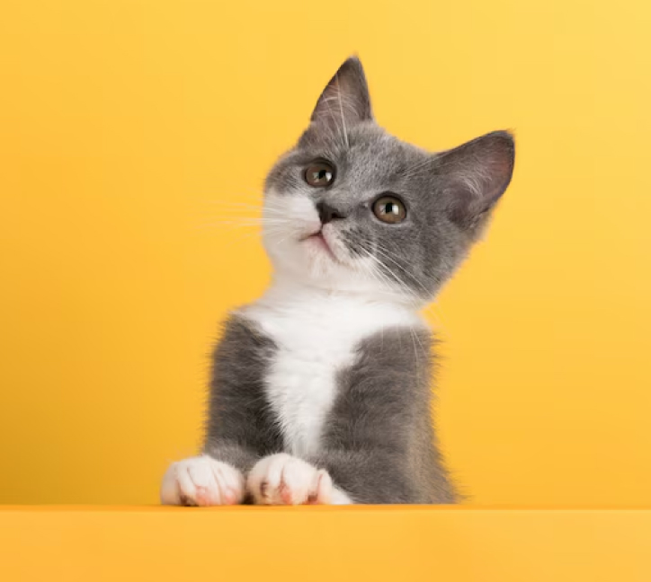 Playful gray and white kitten on a yellow background